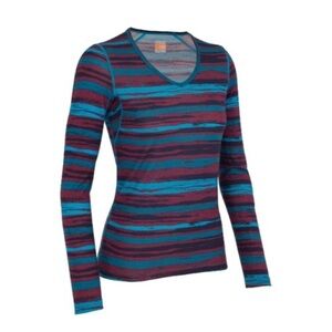 Icebreaker Teal and Purple Striped Long Sleeve V-Neck Top